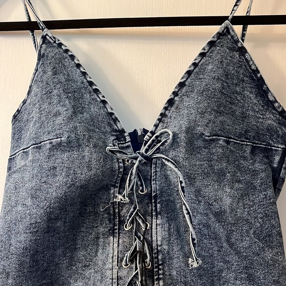 Denim Lace Front Mini Dress - Picture 2 of 12
